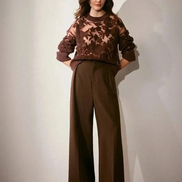 Coffee Brown Casual Women's Floral Pattern Knit Round Neck Drop Shoulder Sweater - Picture 5 of 6